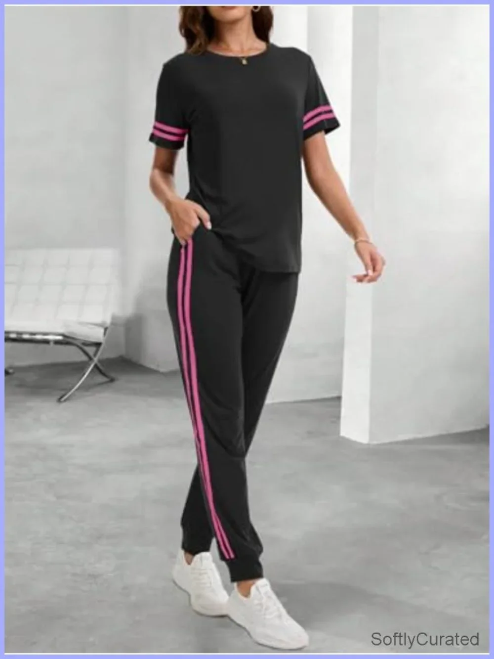 Women 2 Piece Striped Lounge Set Short Sleeve Crew Neck Pullover Tracksuit with